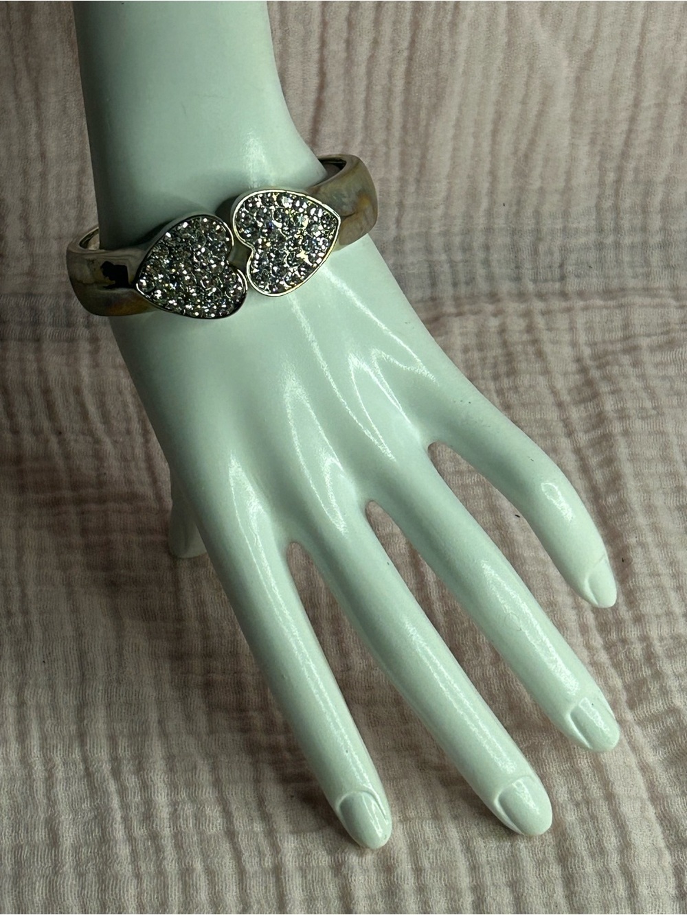 Silver Tone Double Heart Hinged Bangle Bracelet with Rhinestones